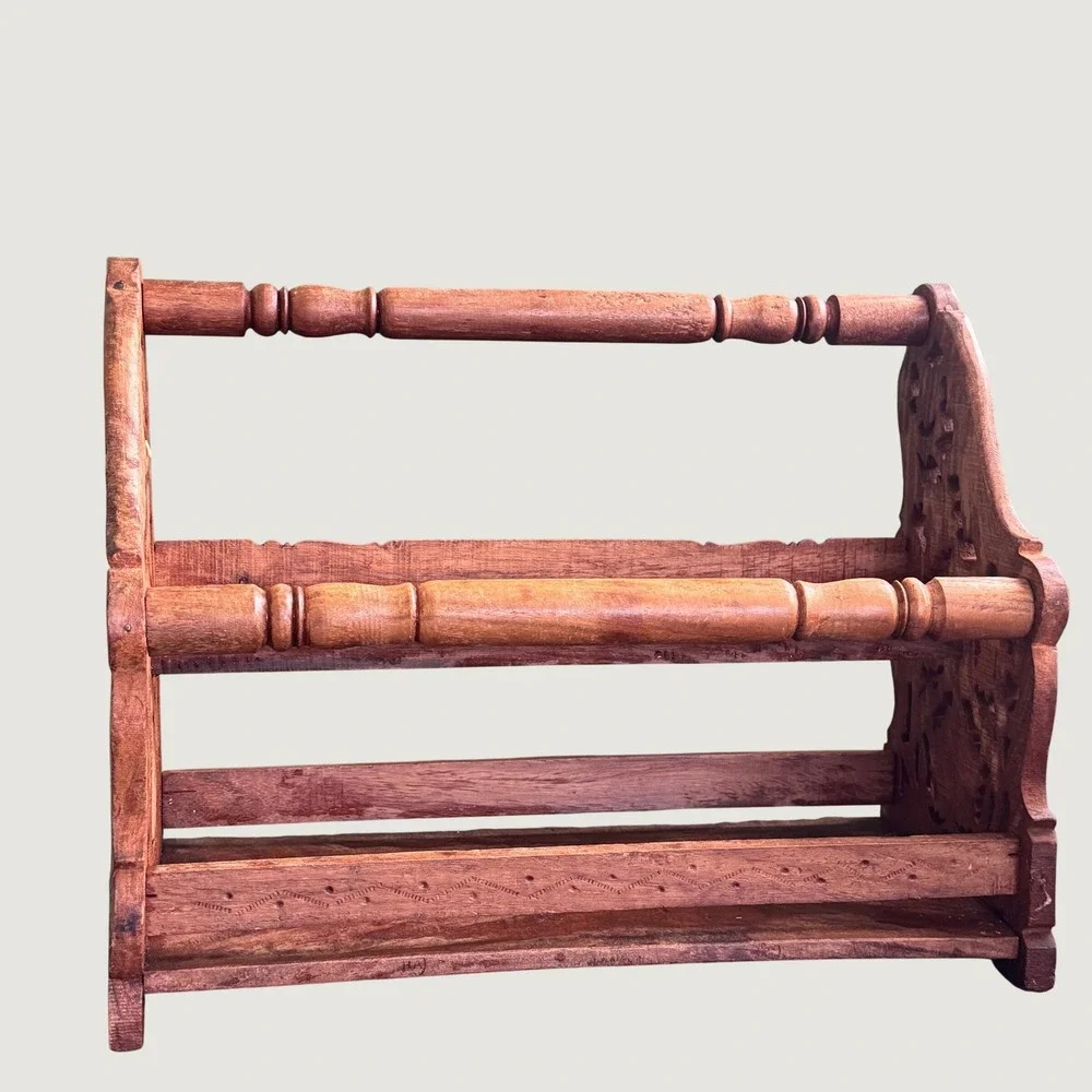 Vintage Carved Wood Magazine Display Rack Floral Leaf Boho